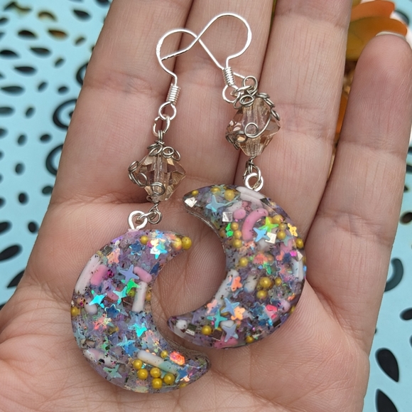 Moon Earrings Candy Sprinkles Resin Handmade Crescent Moon Wire Wrapped Cute Art - Picture 1 of 8